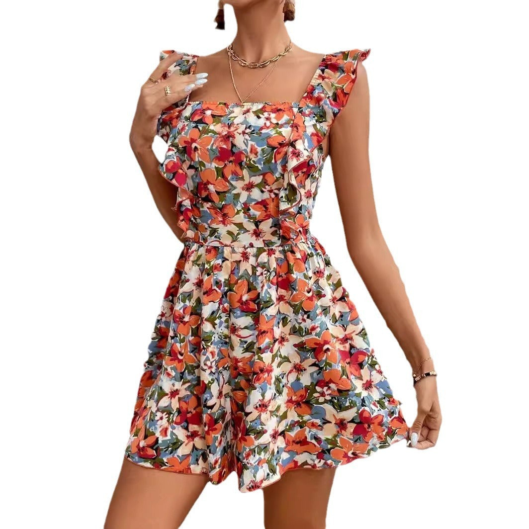 Women's Sleeveless Square Neck Floral Printed Summer Romper - Image 5