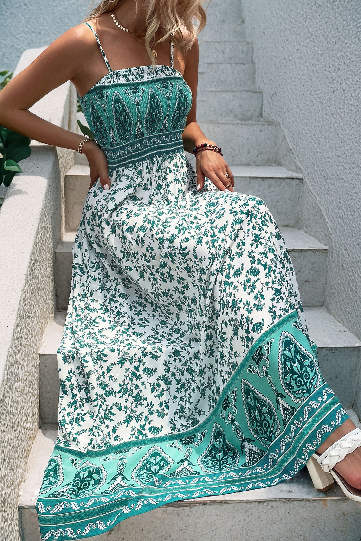 Green Boho Floral Shirred Cami Maxi Dress