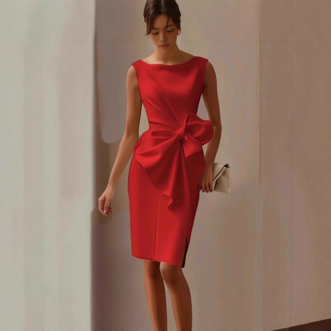 Women's Sleeveless Bow-Knot Midi Dress with Side Slit