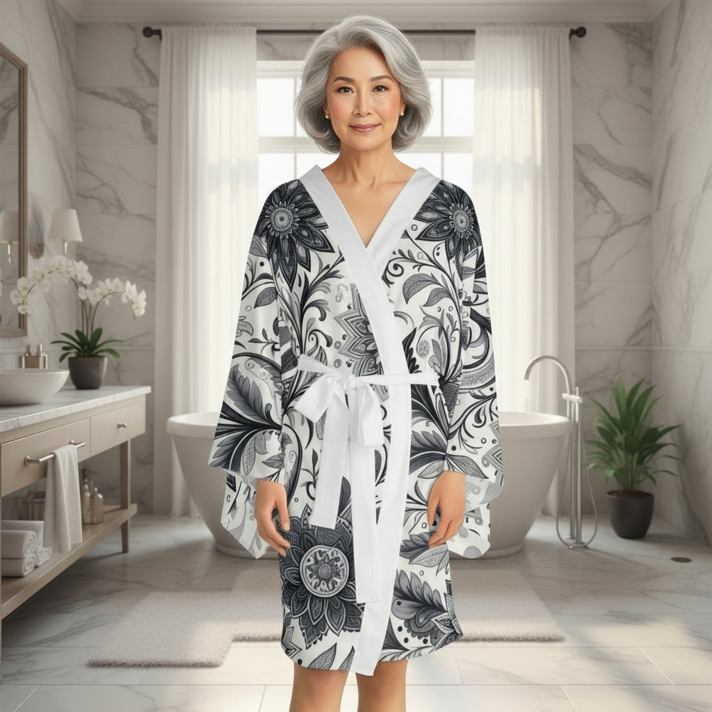 Elegant floral patterned long sleeve kimono robe with flowing bell sleeves worn for lounge wear