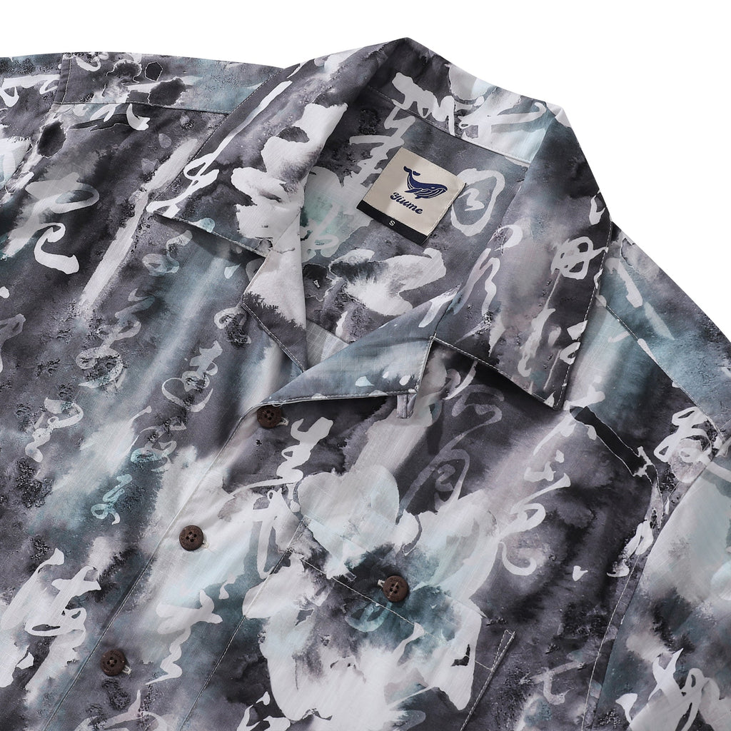 Chinese Ink Painting Print Short Sleeve Cotton Camp Collar Shirt
