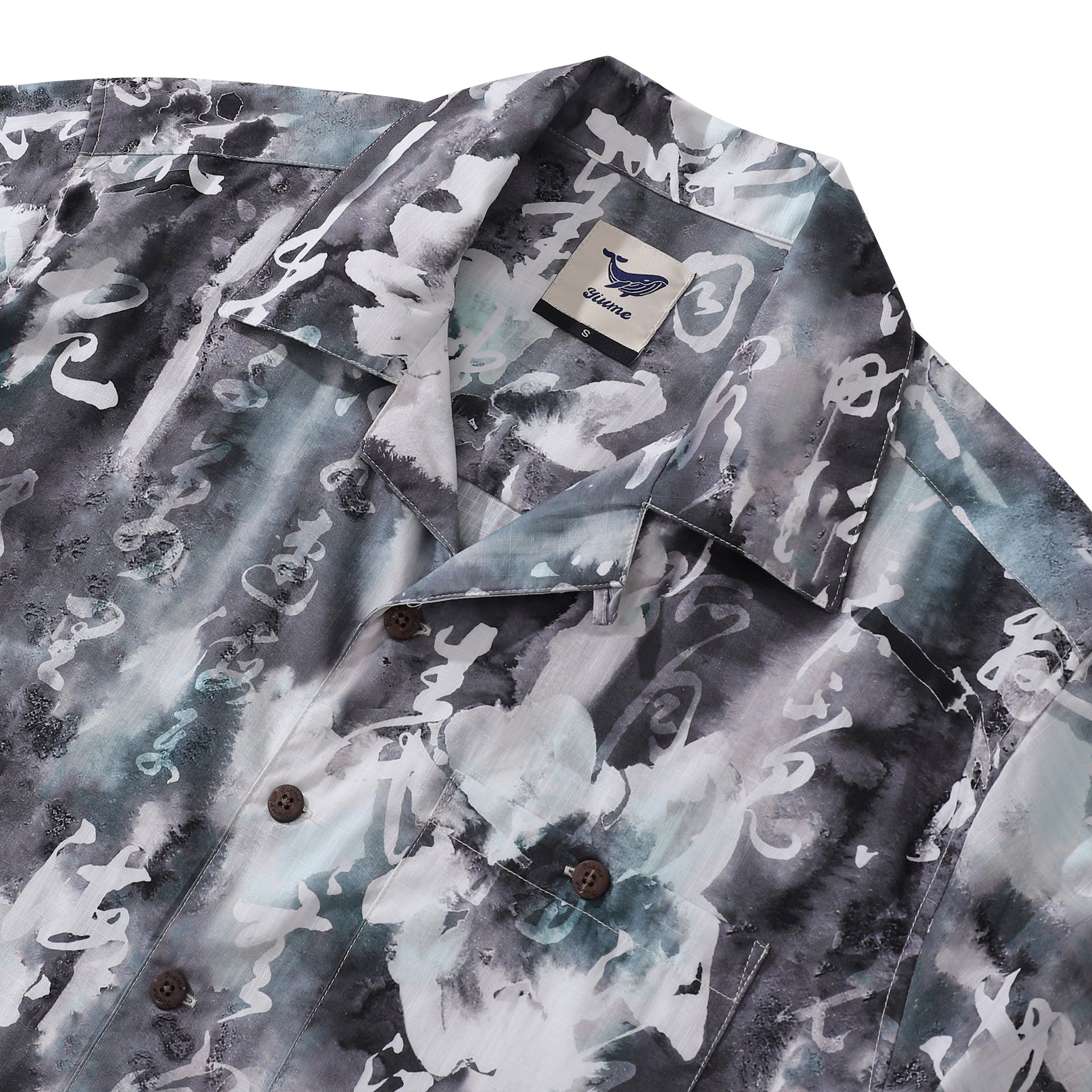 Chinese Ink Painting Print Short Sleeve Cotton Camp Collar Shirt