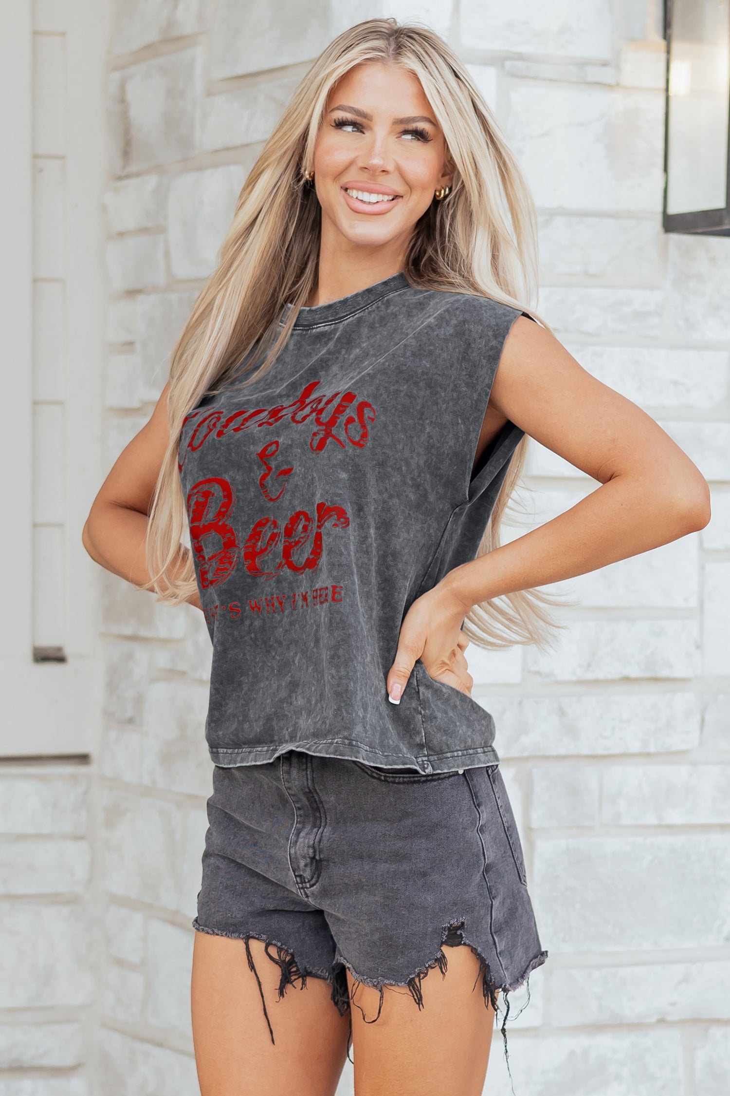 Smoke Gray Cowboy & Beer Western Graphic Mineral Wash Tank Top