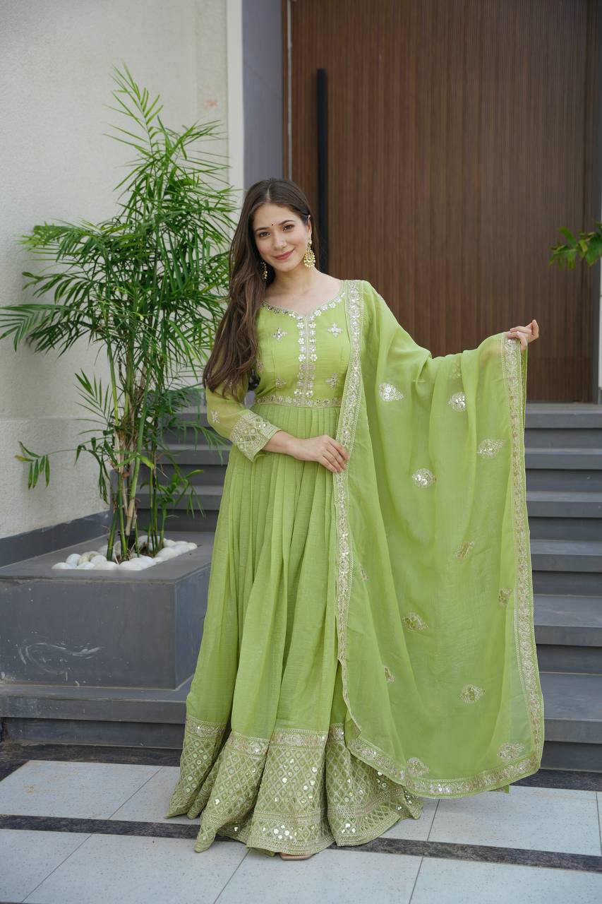 Parrot Green Crunchy Silk Anarkali gown with intricate sequins and embroidery work and matching dupatta