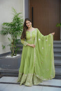 Parrot Green Crunchy Silk Anarkali gown with intricate sequins and embroidery work and matching dupatta