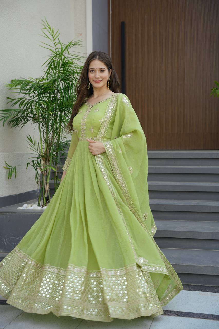 Parrot Green Crunchy Silk Anarkali Gown with Sequins Embroidery