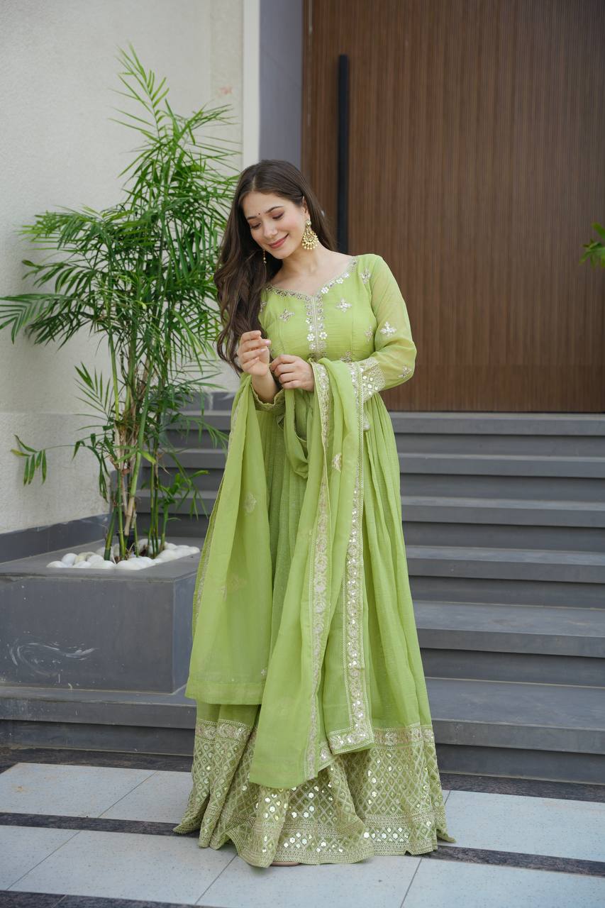 Parrot Green Crunchy Silk Anarkali Gown with Sequins Embroidery
