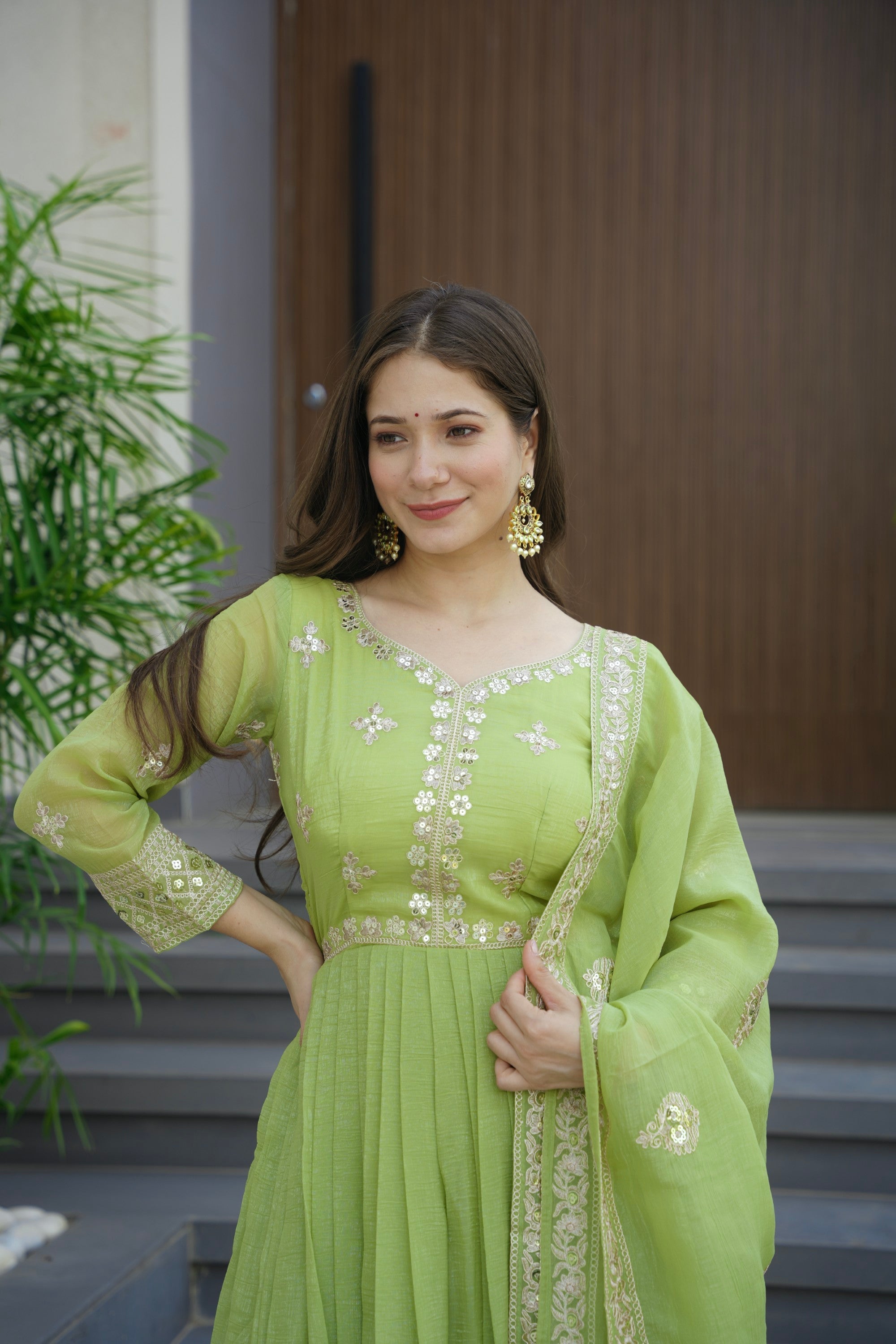 Parrot Green Crunchy Silk Anarkali Gown with Sequins Embroidery