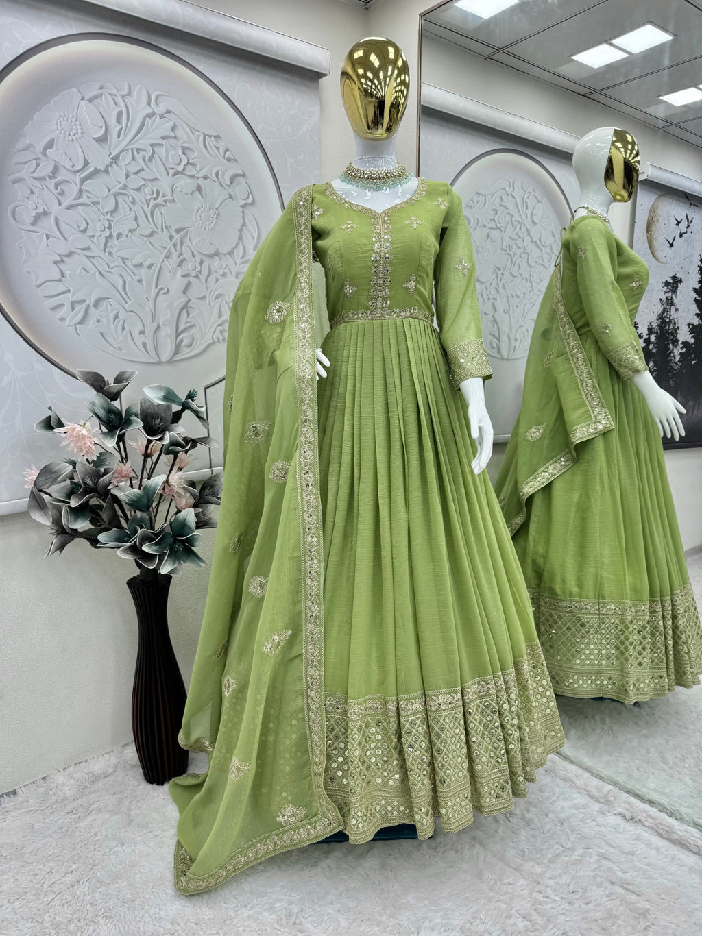 Parrot Green Crunchy Silk Anarkali Gown with Sequins Embroidery