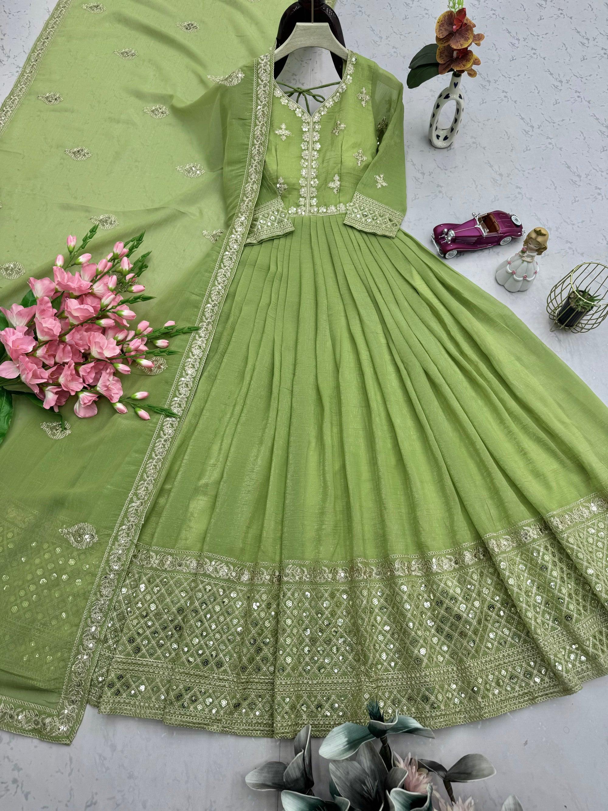 Parrot Green Crunchy Silk Anarkali Gown with Sequins Embroidery