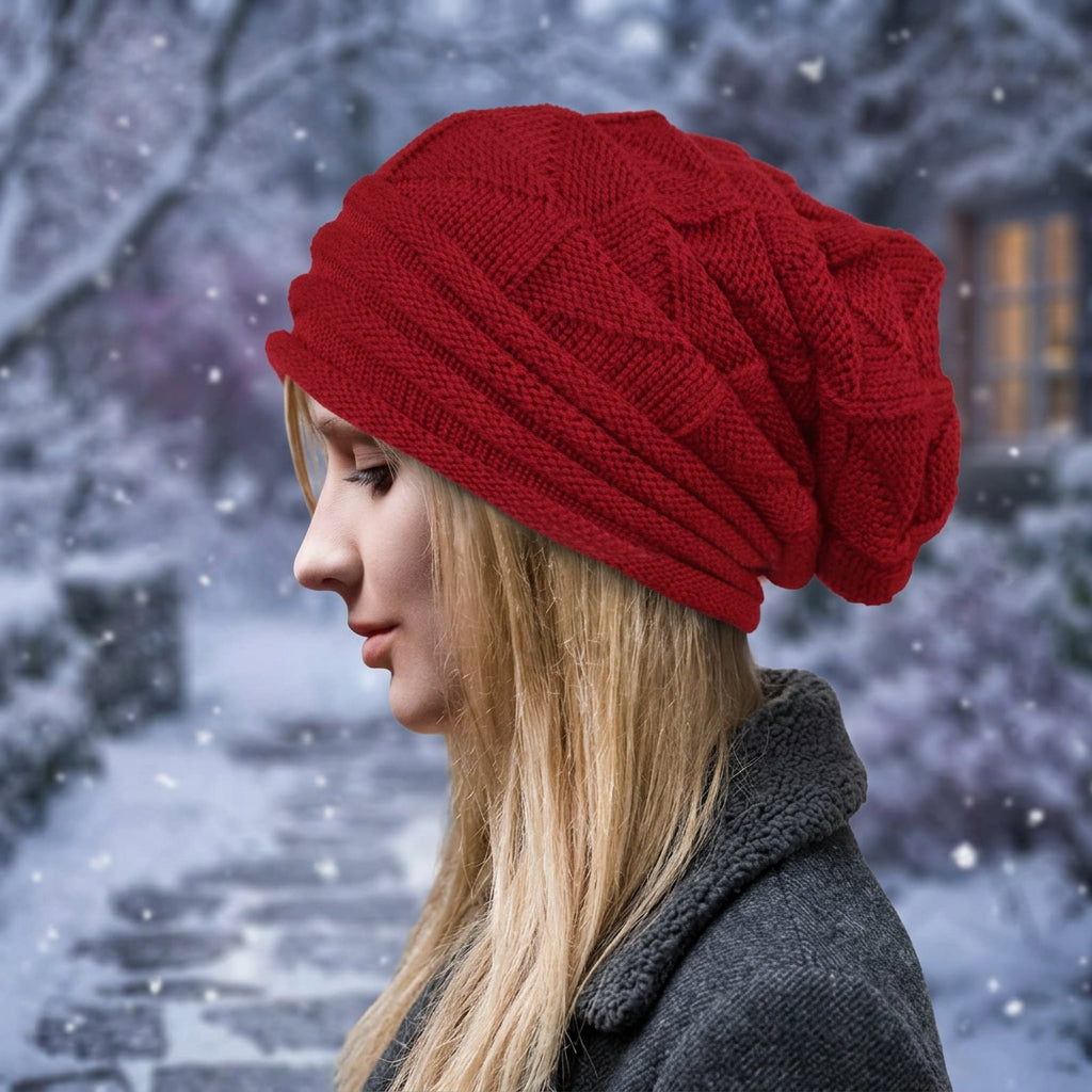 Wool Pleated Cuffed Knit Beanie – Flat Top Grid Pattern Winter Hat