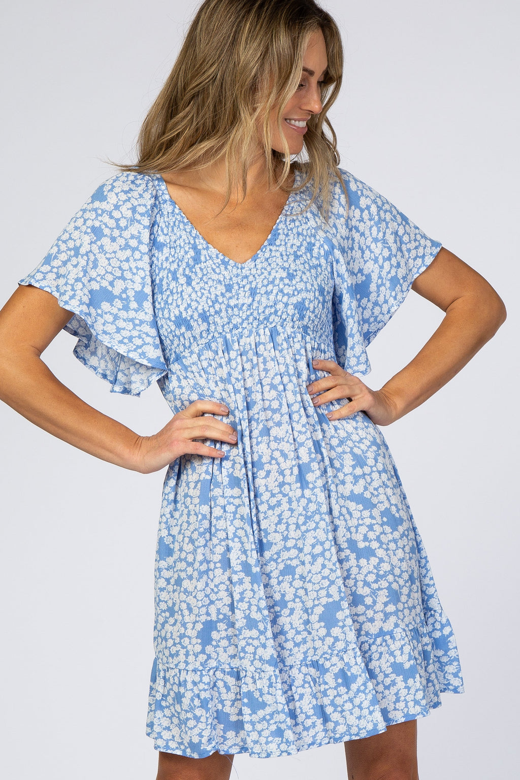 Blue Floral Smocked Ruffle Dress