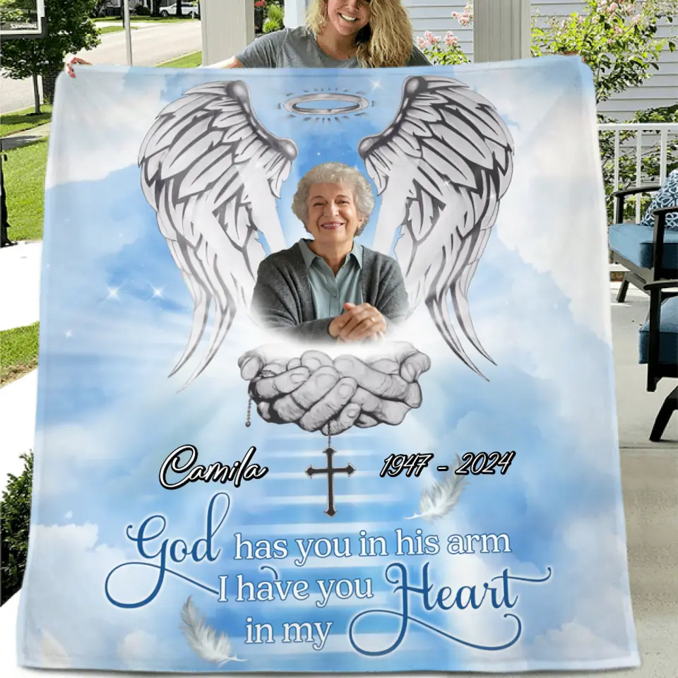 Personalized Memorial Fleece Throw Blanket/Quilt - Upload Photo - Memorial Gift Idea For Family Member - God Has You In His Arms I Have You In My Heart