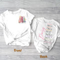 White t-shirt showing Women of the Bible floral book stack on front and inspirational scripture list on back.