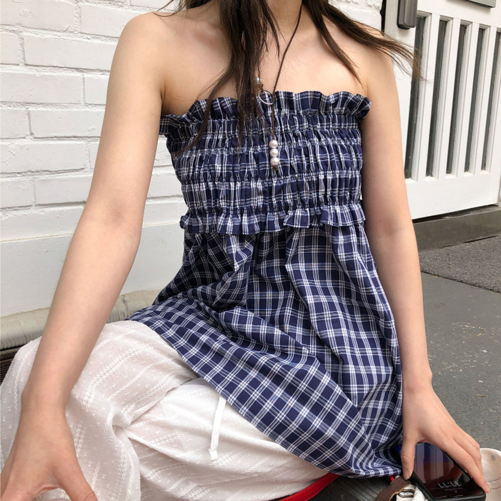 Women's Blue Plaid Smocked Waist Tiered Midi Skirt - Image 5