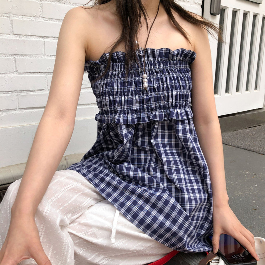Women's Blue Plaid Smocked Waist Tiered Midi Skirt - Image 5