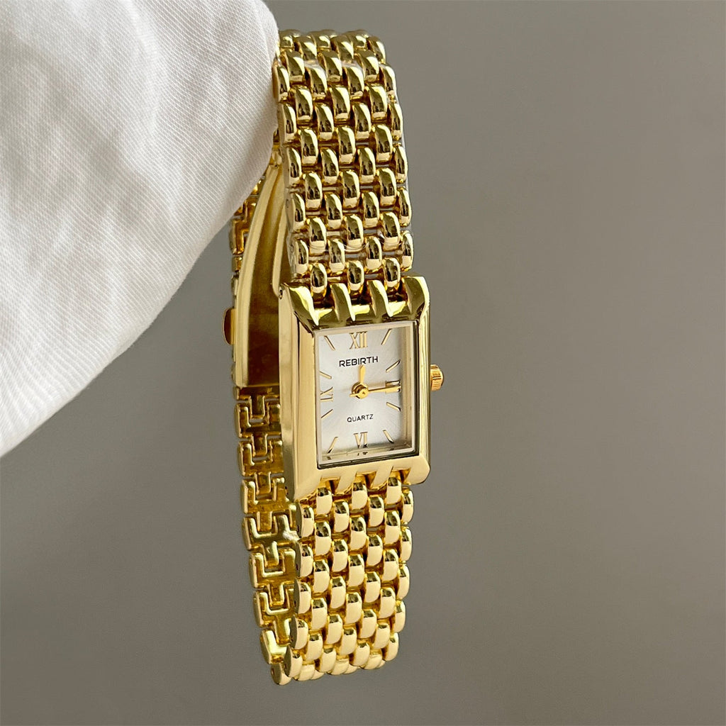 Golden Quartz Rectangular Watch With A Steel Band For Women
