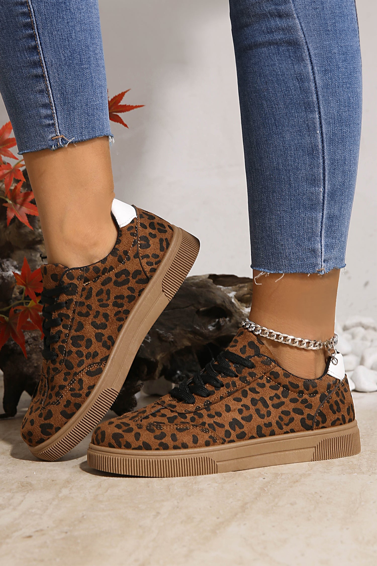 Womens Leopard Print Patchwork Lace Up Sneakers - Image 5
