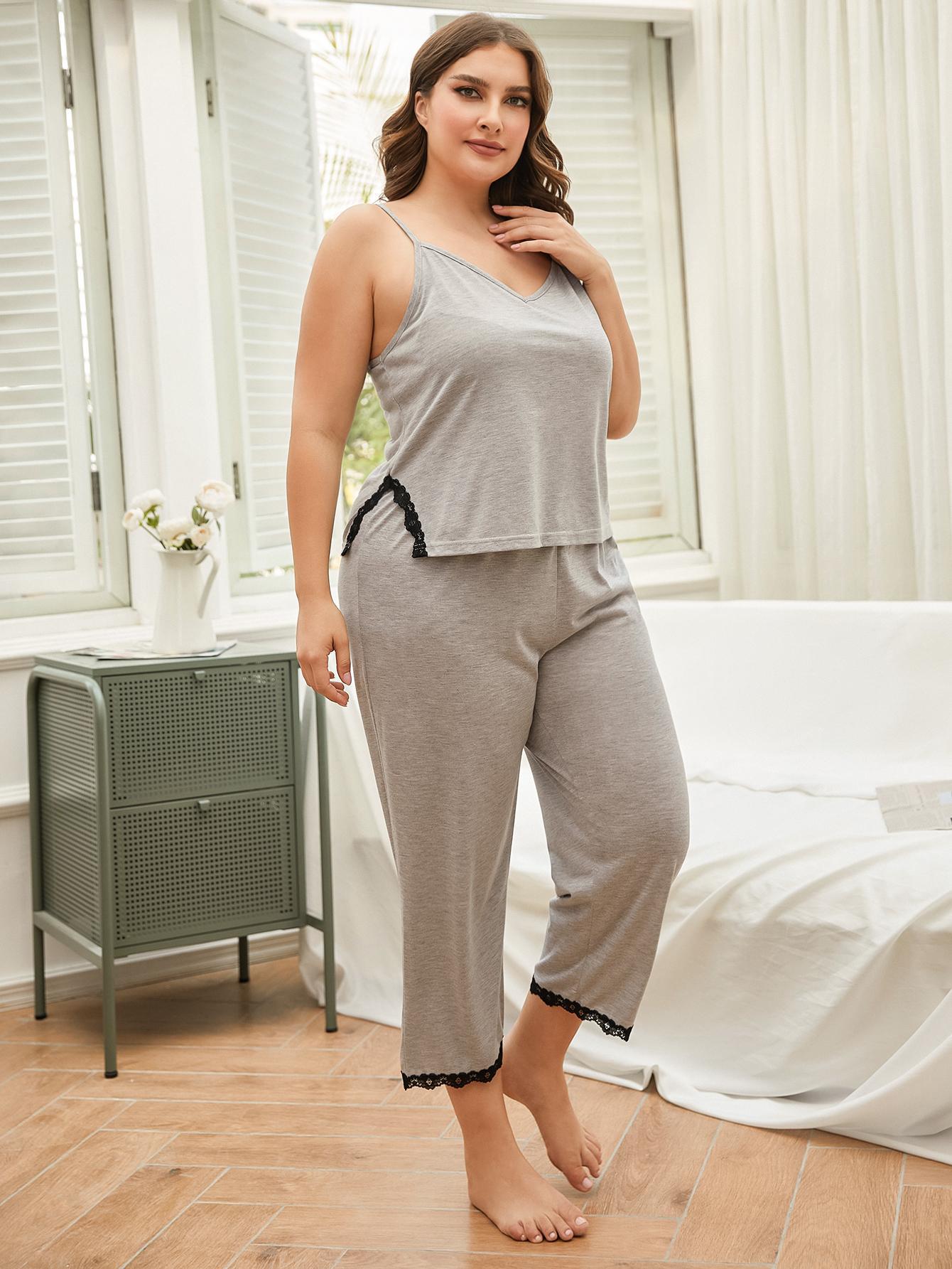 Lace Trim Slit Cami and Pants Pajama Set 1XL-4XL
