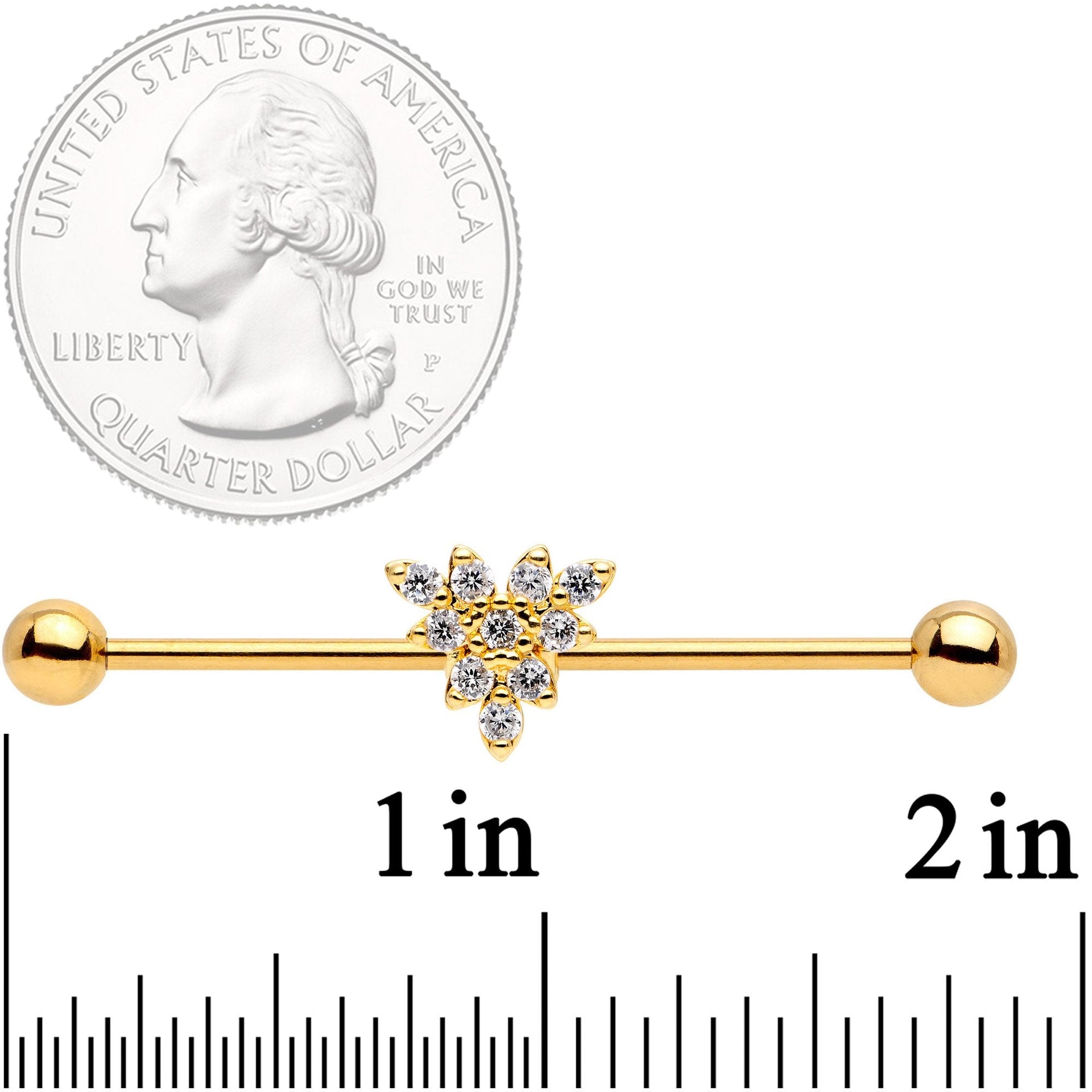 14G Clear CZ Gold Tone Triangle Industrial Barbell 38mm
