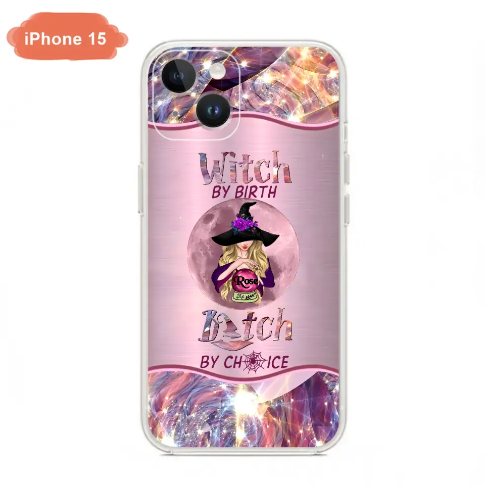 Personalized Witch By Birth phone case with a crystal ball illustration and pink ethereal background