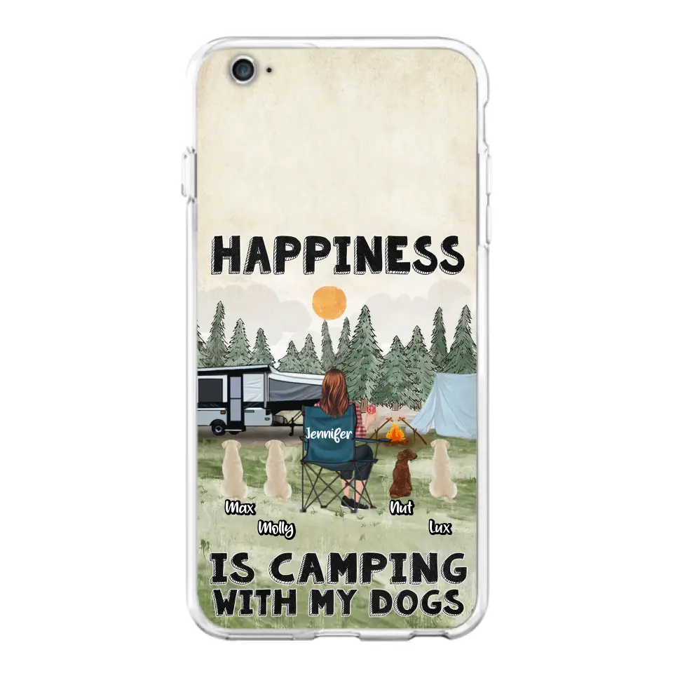 Personalized Camping Phone Case - Gift Idea For Girl & Dogs - Up to 4 Dogs - Happiness Is Camping With My Dogs - Case For iPhone/Samsung