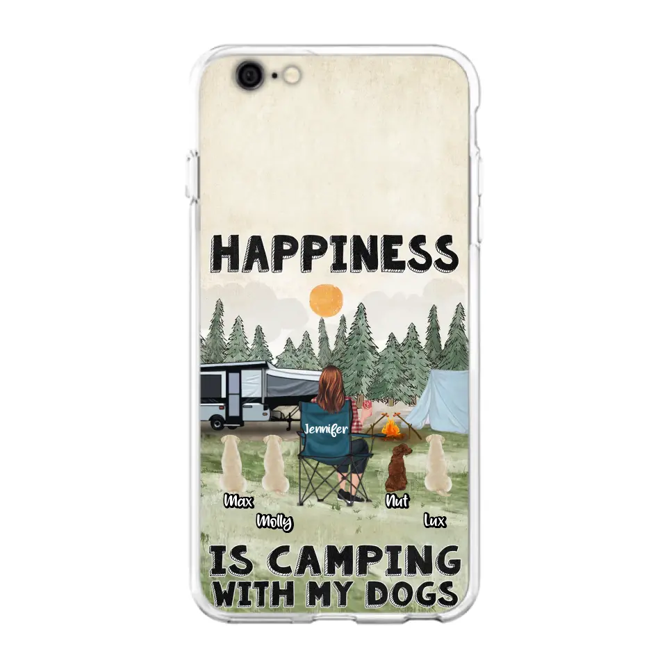 Personalized Camping Phone Case - Gift Idea For Girl & Dogs - Up to 4 Dogs - Happiness Is Camping With My Dogs - Case For iPhone/Samsung