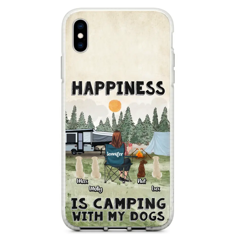 Personalized Camping Phone Case - Gift Idea For Girl & Dogs - Up to 4 Dogs - Happiness Is Camping With My Dogs - Case For iPhone/Samsung