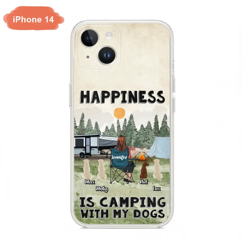 Personalized Camping Phone Case - Gift Idea For Girl & Dogs - Up to 4 Dogs - Happiness Is Camping With My Dogs - Case For iPhone/Samsung