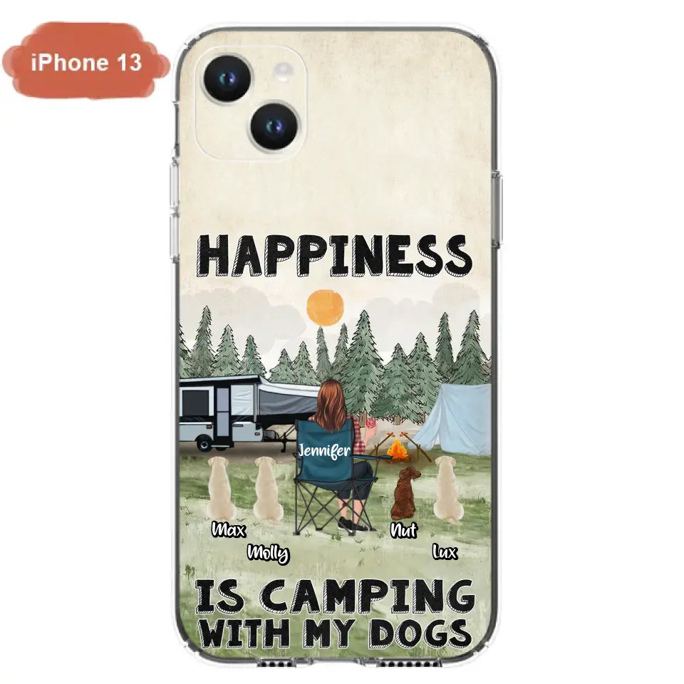 Personalized Camping Phone Case - Gift Idea For Girl & Dogs - Up to 4 Dogs - Happiness Is Camping With My Dogs - Case For iPhone/Samsung