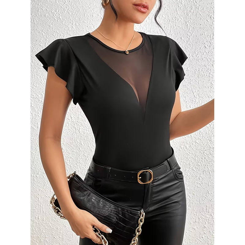 Women’s Black Ruffle Mesh Panel Top Short Sleeve Slim Fit Blouse - Image 4