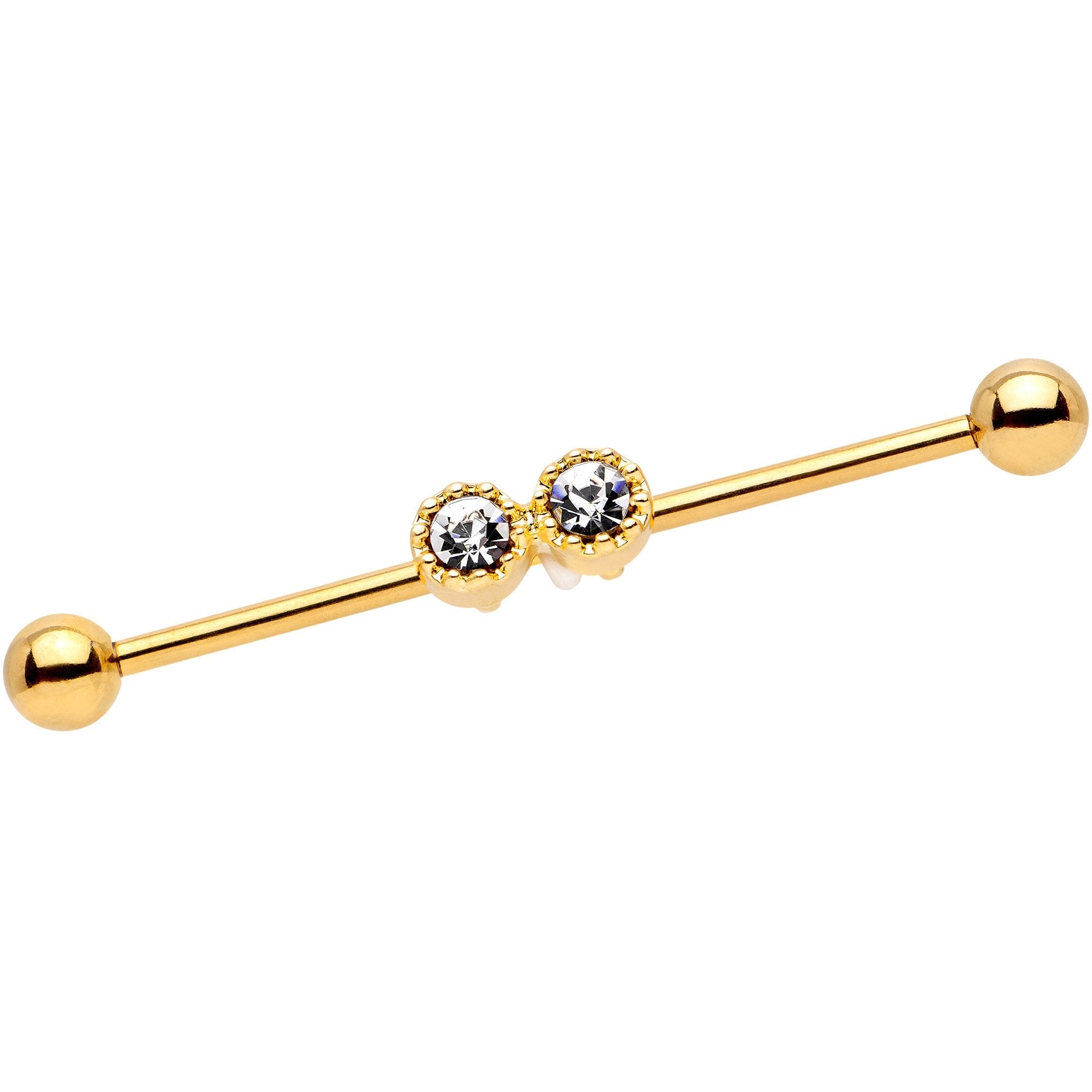 14G Clear Gem Gold Tone Double Drama Industrial Barbell 38mm