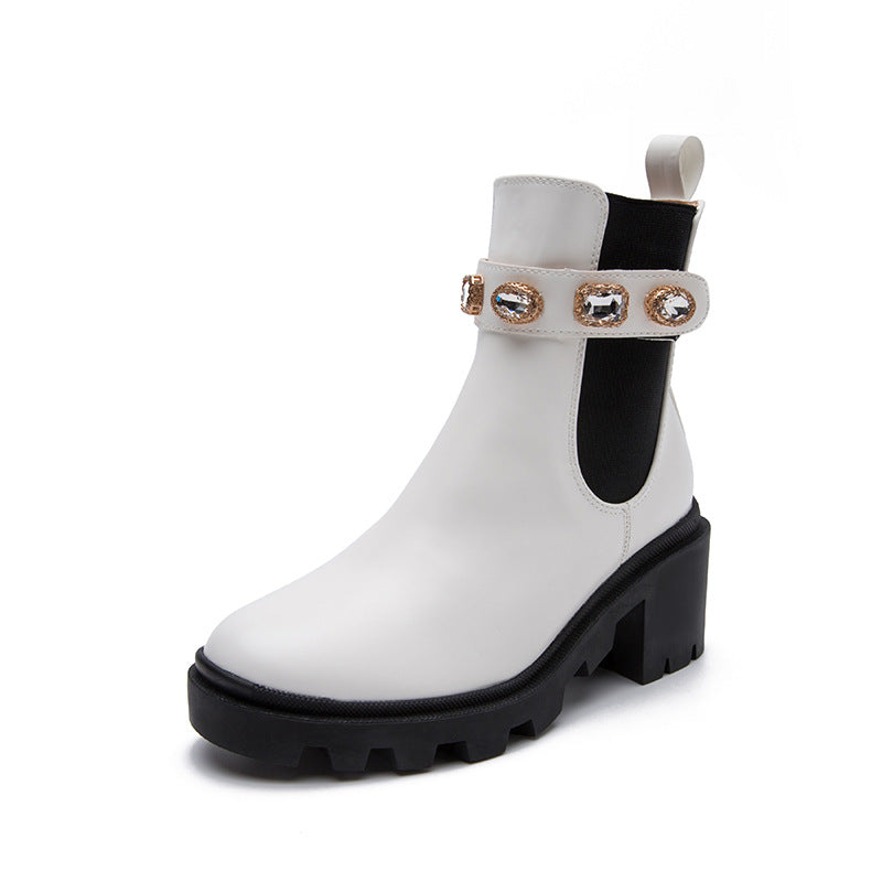 Stylish Women's Chunky Rhinestone Ankle Boots with Elastic Sides - Image 6