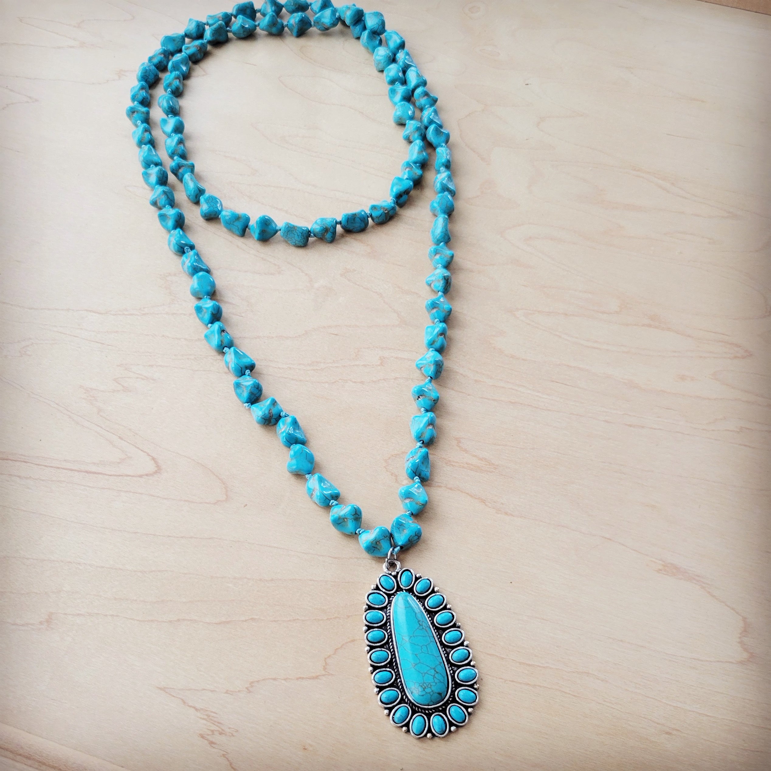 Long Western Turquoise Beaded Necklace w/ Squash Blossom Pendant 261w