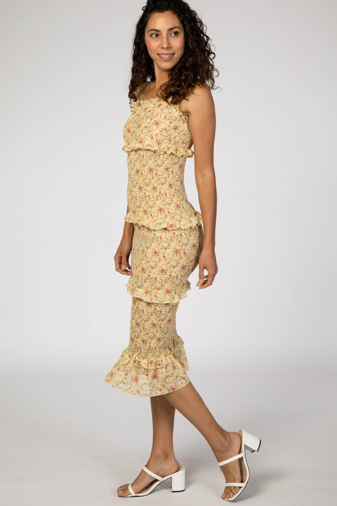 Yellow Floral Chiffon Smocked Tiered Midi Dress - Image 2
