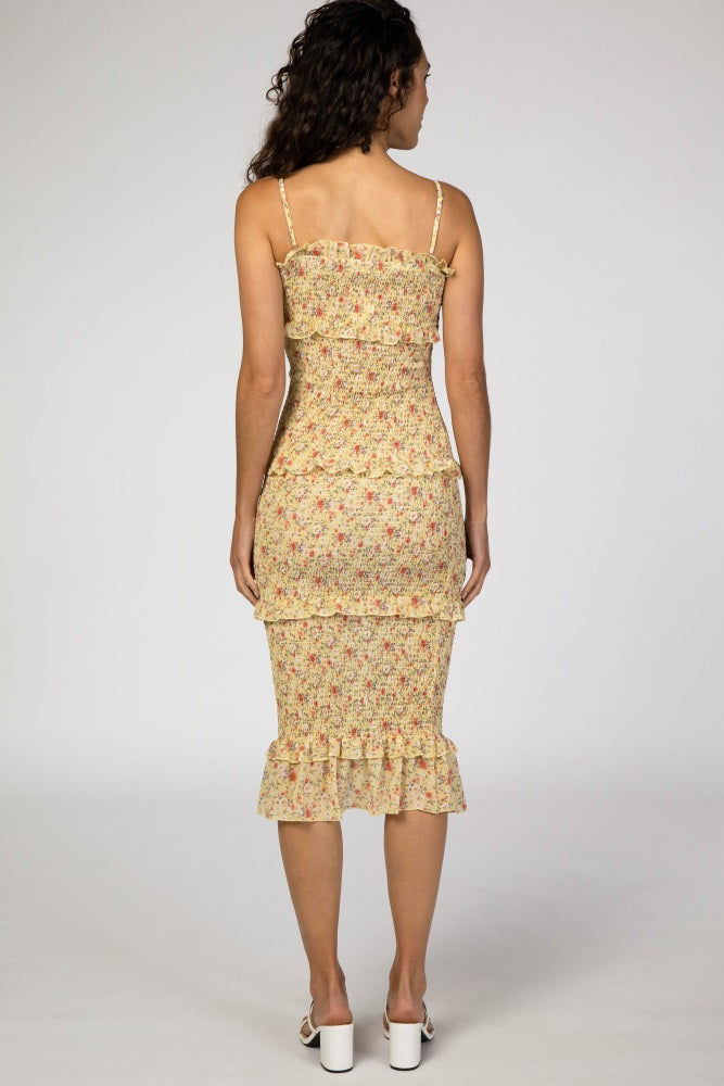 Yellow Floral Chiffon Smocked Tiered Midi Dress - Image 3