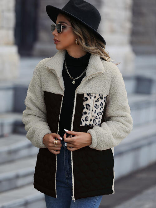 Women's Leopard Color Block Zip-Up Jacket