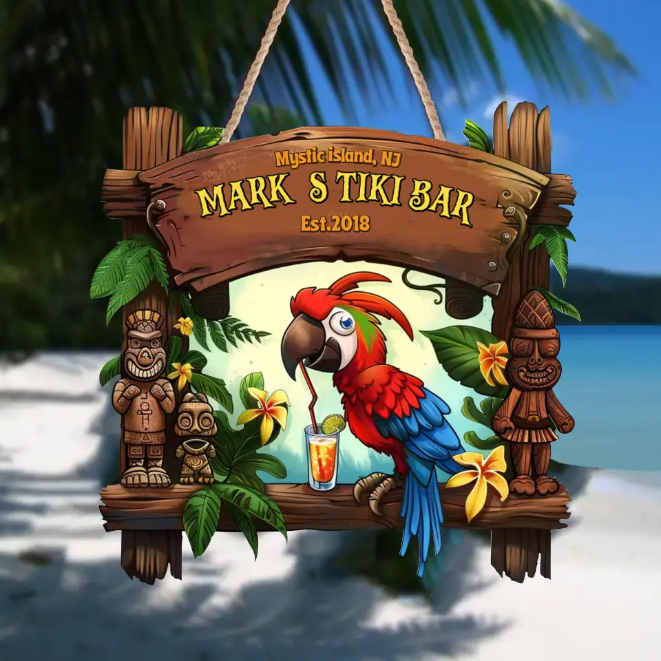Personalized Tiki Bar Custom Shaped Wooden Sign - Gift Idea for Family - Tropical Summer Vibe Gift
