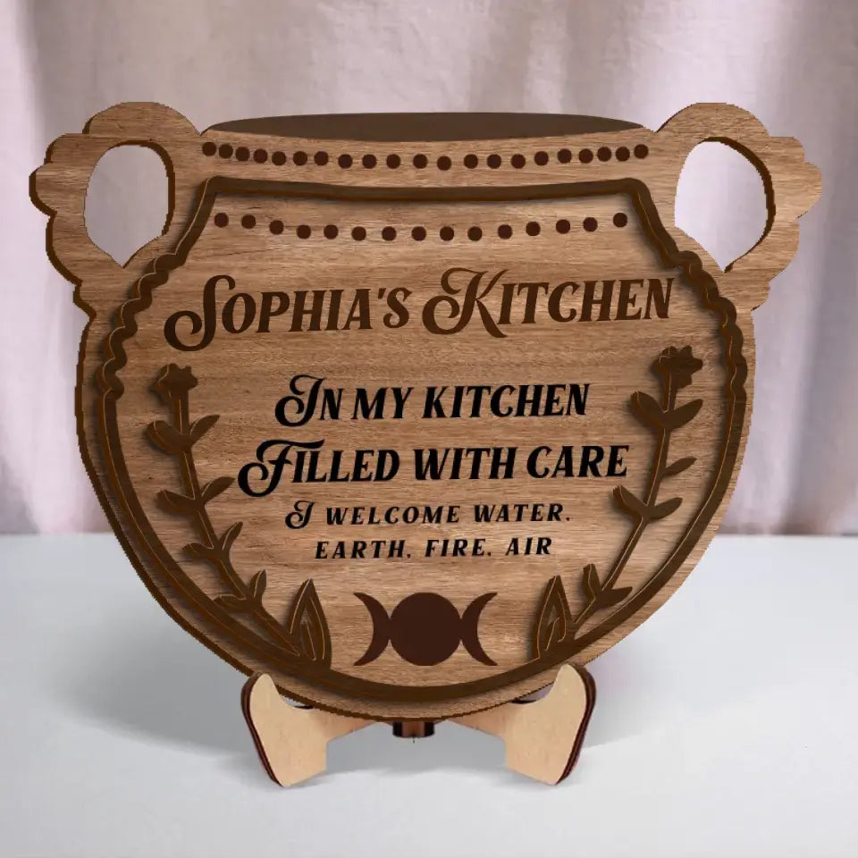 Personalized Witch 2 Layered Wooden Art - Gift Idea for Wicca/Pagan Decor - In My Kitchen Filled With Care I Welcome Water Earth Fire Air