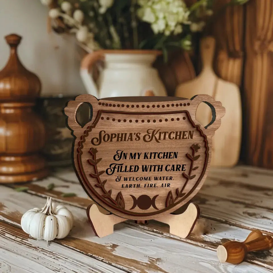 Personalized Witch 2 Layered Wooden Art - Gift Idea for Wicca/Pagan Decor - In My Kitchen Filled With Care I Welcome Water Earth Fire Air