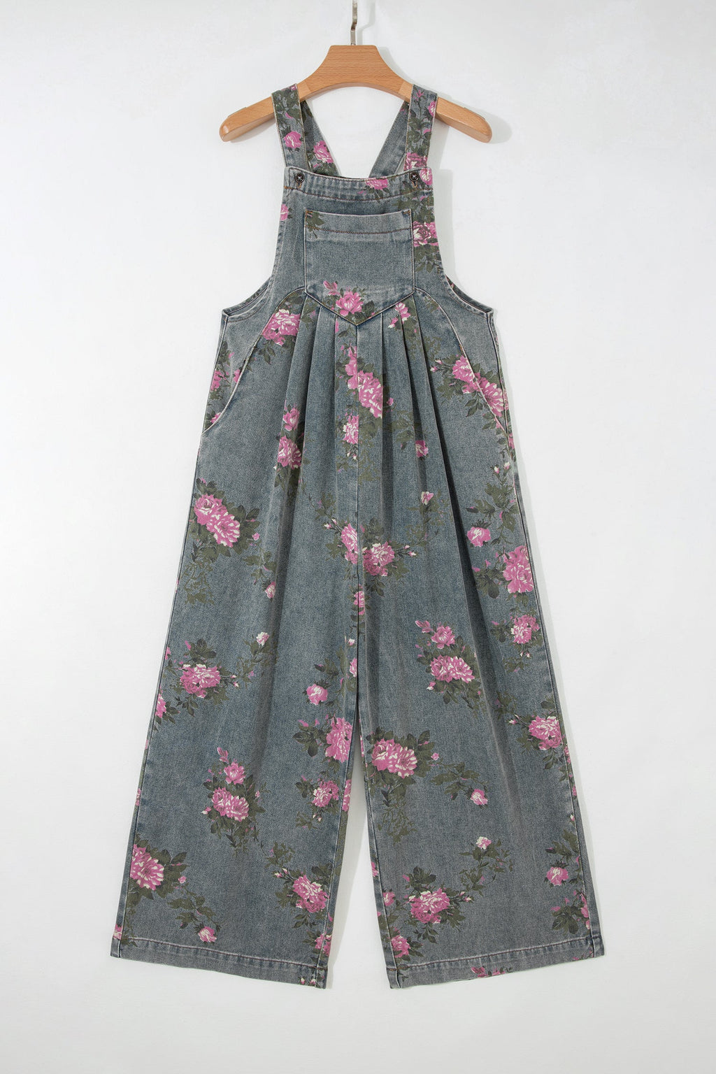 Floral Pleated High Waist Wide Leg Denim Jumpsuit