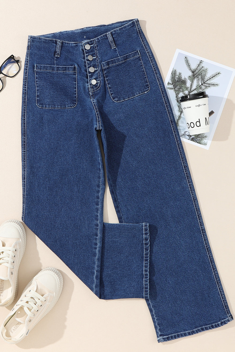 Buttoned High Waist Wide Leg Cropped Jeans in Dark Blue