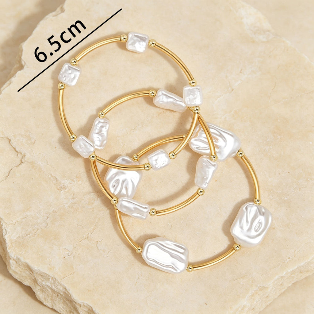 Women Irregular Baroque Faux Pearl Stretch Bangle, Elastic Adjustable Stackable Thin Bracelet Gold Rhodium Two Tone Plated Minimalist Daily Jewelry Gift