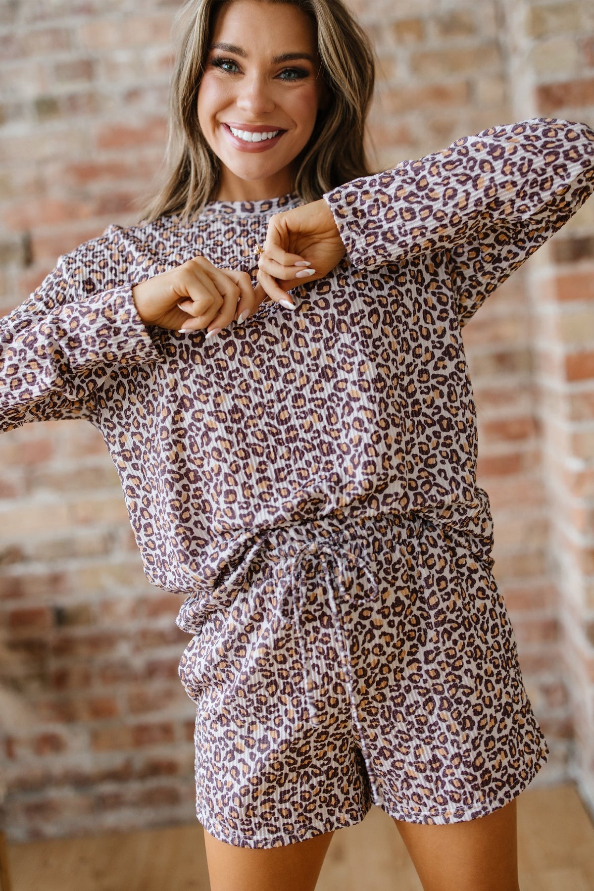 Leopard Ribbed Long Sleeve Top and Shorts Set