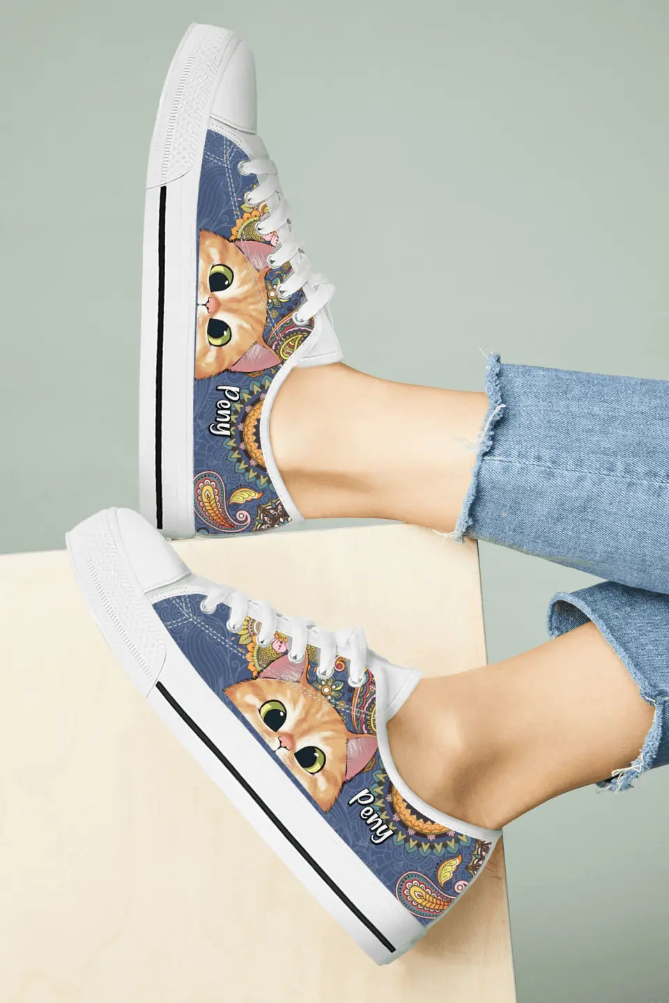 Personalized Mandala Cat Low Top Sneakers - Gift For Cat Lovers