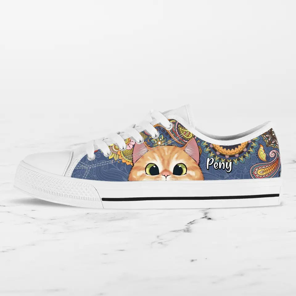 Personalized Mandala Cat Low Top Sneakers - Gift For Cat Lovers