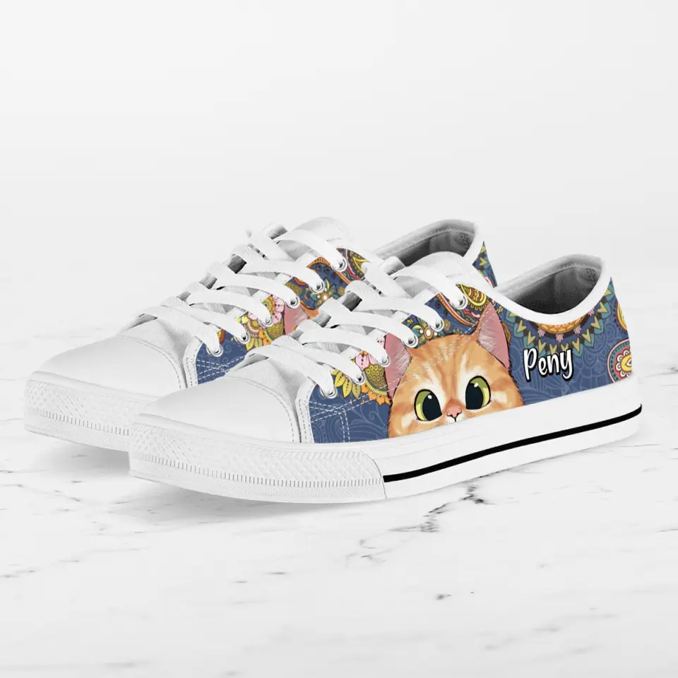 Personalized Mandala Cat Low Top Sneakers - Gift For Cat Lovers