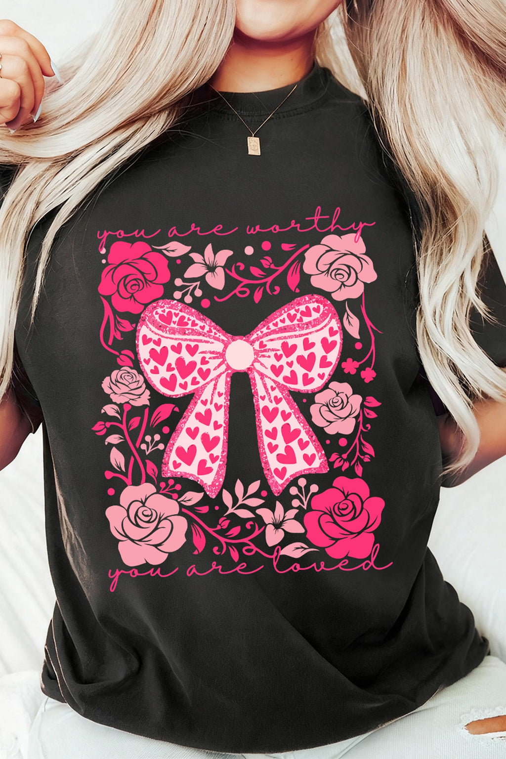Black Floral Bow Valentine's Day Graphic T-Shirt