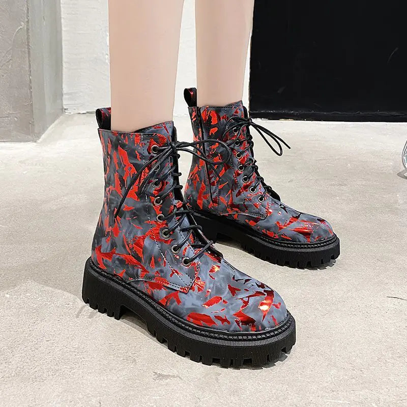 Women's Floral Pattern Combat Martin Boots Winter Lug Sole - Image 15