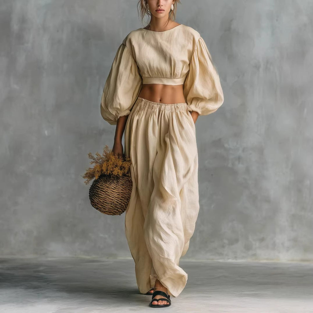 Women's Puff-Sleeve Cropped Two-Piece Set with Pocket Trousers - Image 5
